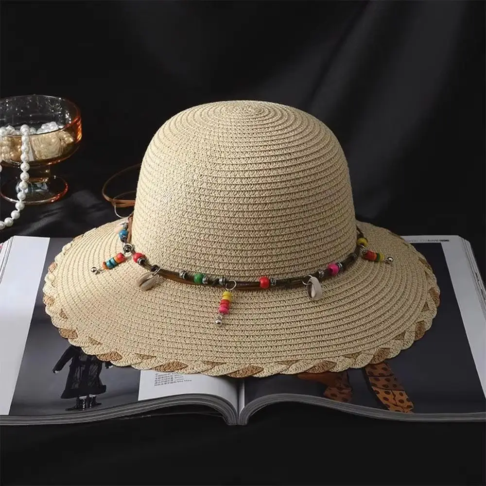 

Western Country Style Bohemian Beaded Strap Straw Hat Spring Summer Beach Folding Straw Hats Travel Wide Brim Women's Sun Hat