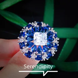 Luxury Designer Jewelry Cornflower Simulated Sapphire Rings Noble Lady Elegant Banquet Blue Zircon Color Treasure Ring For Women