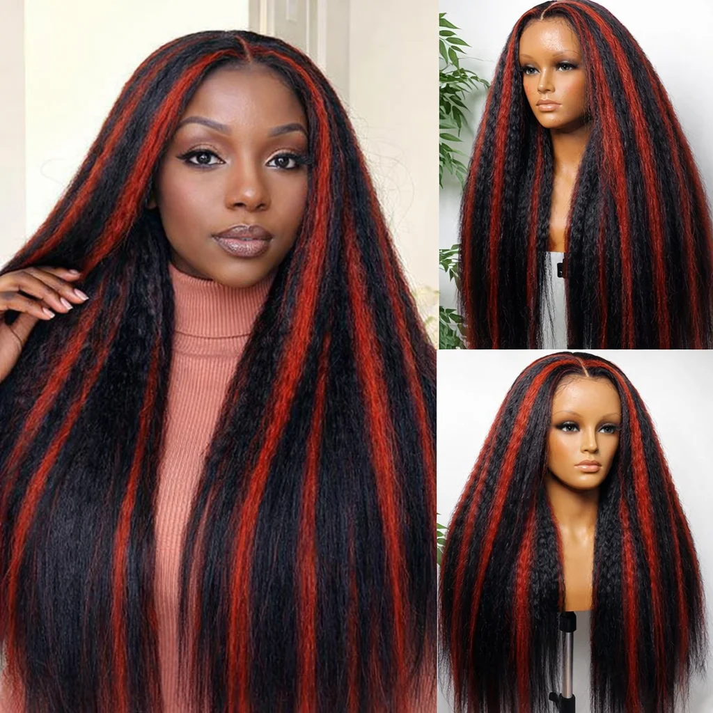 

Kinky Straight 1B/99J Burgundy Highlight Brazilian Human Hair Wigs 13x4 HD Transparent Lace Frontal Wig Pre Cut Glueless Wig