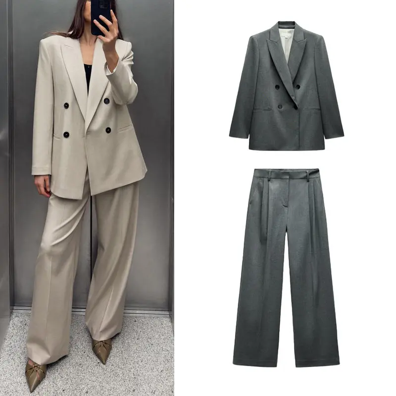 Shoulder Pad Double Breasted Suit Jacket Wide Leg Pleated High Waist Casual Pants Two Piece Set Polyester Fiber Long Sleeve