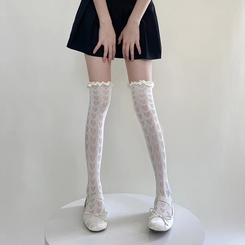 

Lolita Frilly Stockings Women JK Heart Over Knee Socks Female Mesh Thin Long Socks Thigh Dress Calcetine Medias