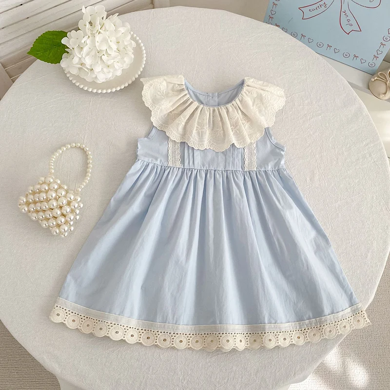 2026 New Summer Children Clothes 2-6Yrs Baby Girl Party Dress Sleeveless Cotton Lace Splice Kids Princess Dresses