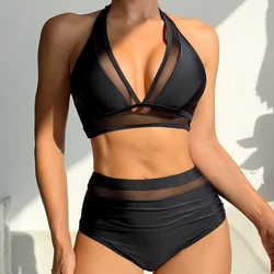 Women's Side Mesh Swimwear Sexy Tummy Control Bathing Suits Swimsuit Adjustable Straps Bikini Set Push Up Beach Suit