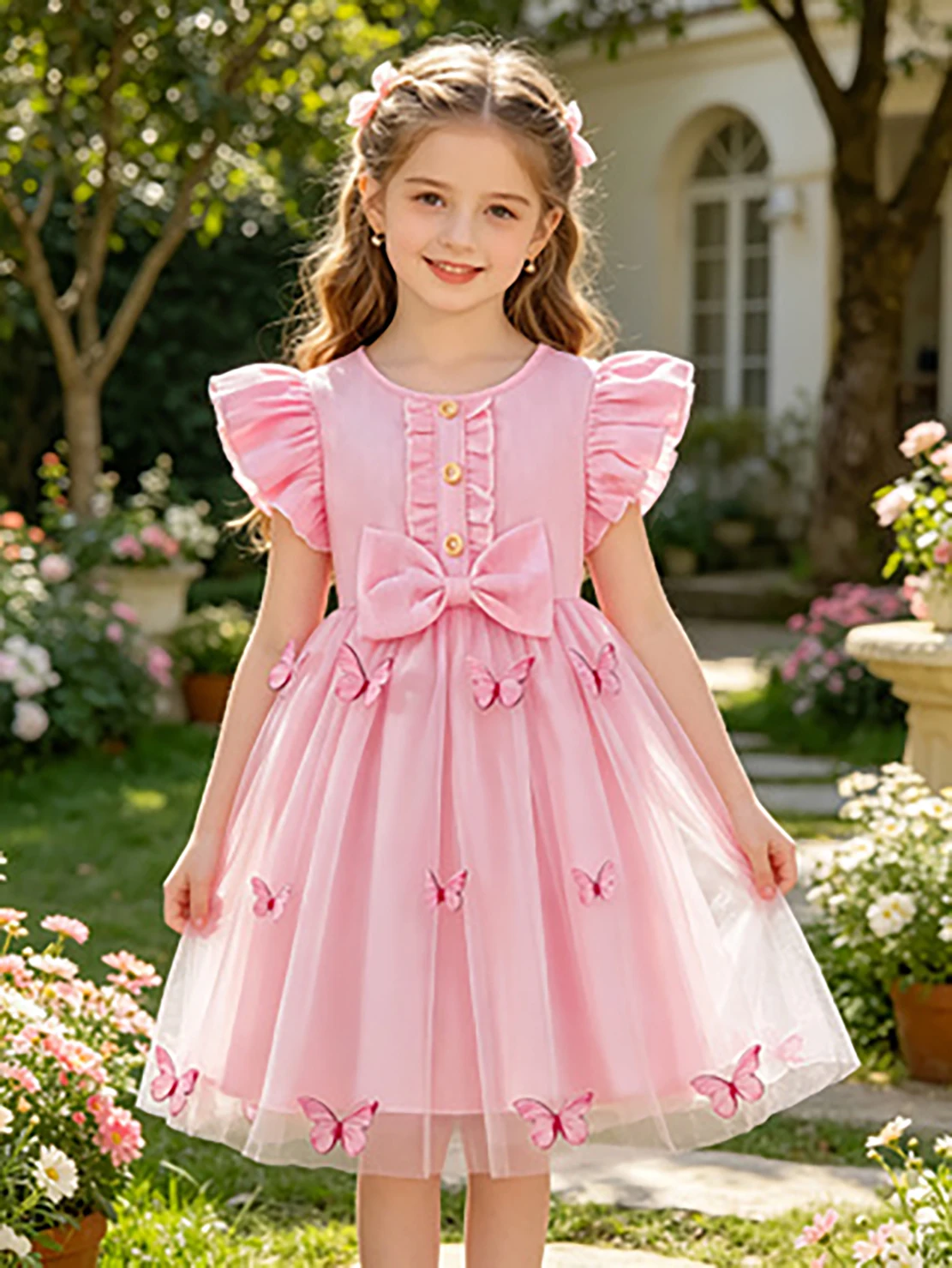 Mädchen Rosa 3D-Schmetterling Prinzessinnenkleid, Sommerkleid mit Flatterärmeln und Schleifen aus Tüll