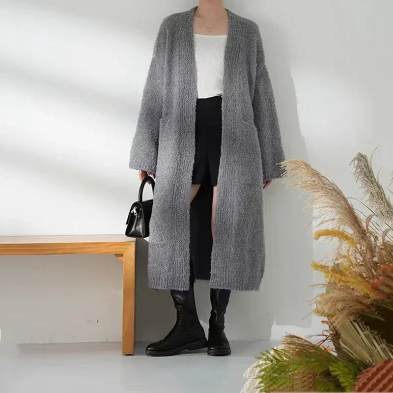 Japanese Korean Medium Long Knitted Cardigan Looped Yarn Girl  Autumn Winter New Style Loose Soft Lazy Sweater Jacket Trend