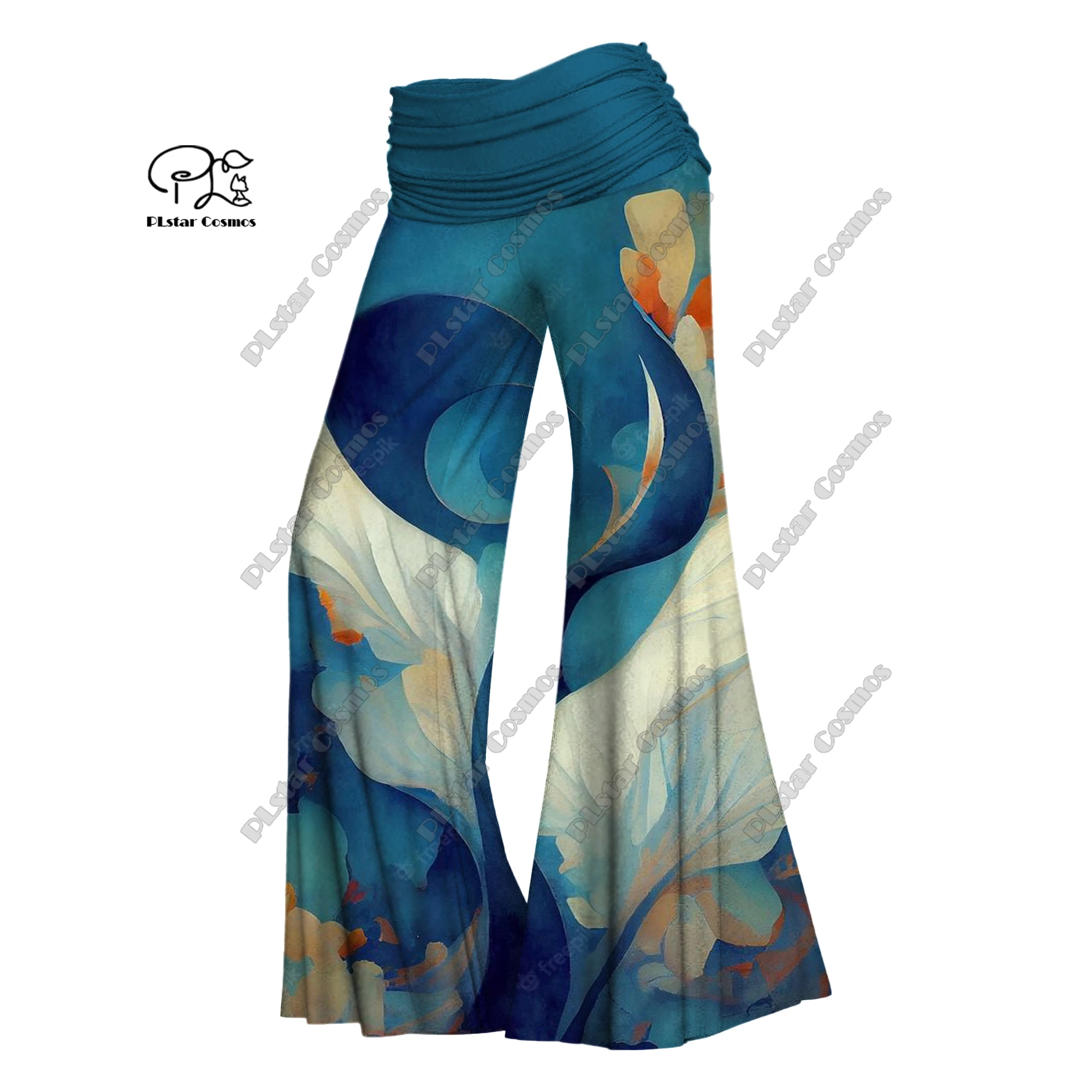 PLstar Cosmos 3D printed women's colorful small floral wide-leg pants waistband folding elastic waist pants casual H-3