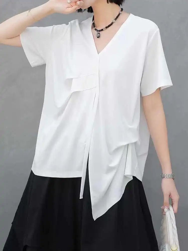 

Women White Irregular Pleated Big Size Casual T-shirt New Round Neck Short Sleeve Fashion Tide Spring Summer