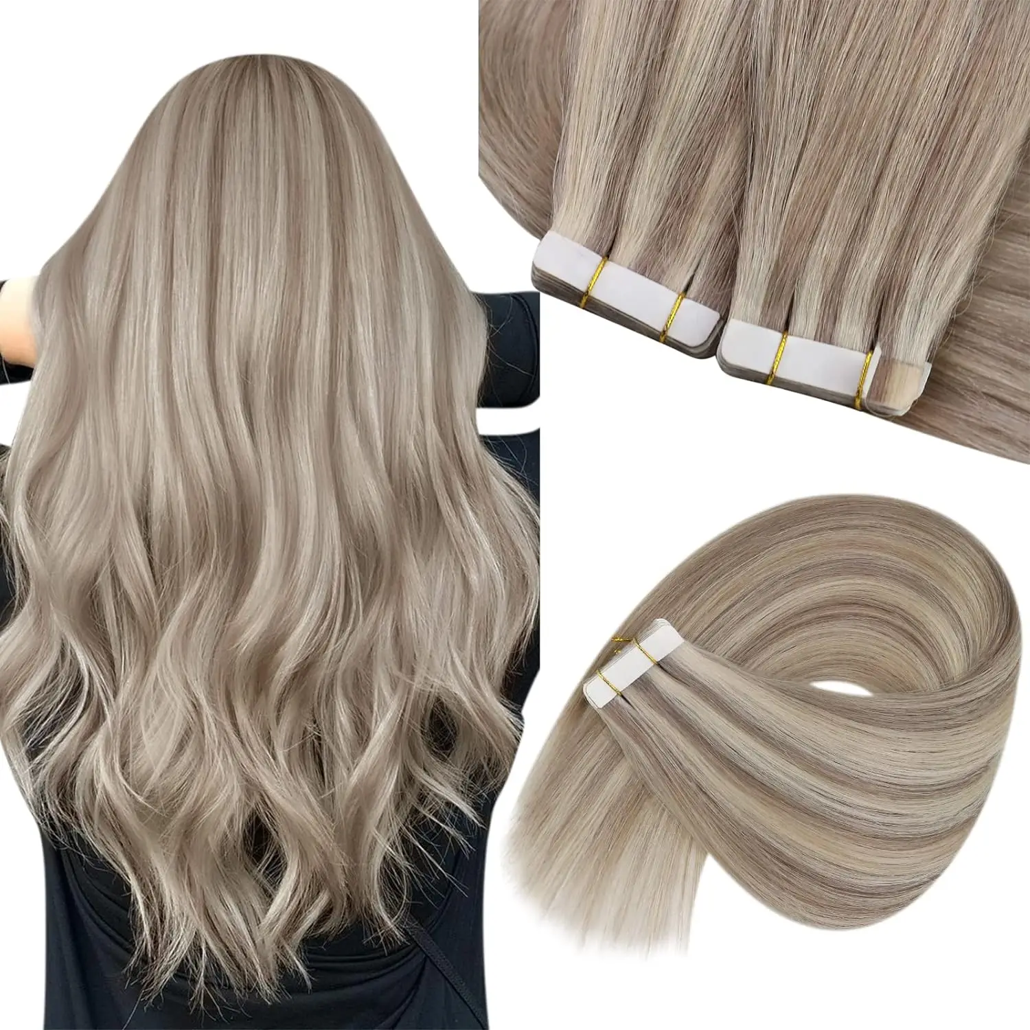 Tape in Hair Extensions Human Hair Highlighted Color 18 Ash Blonde and 613 Light Blonde Hair Extensions Tape Ins 20pcs 50g
