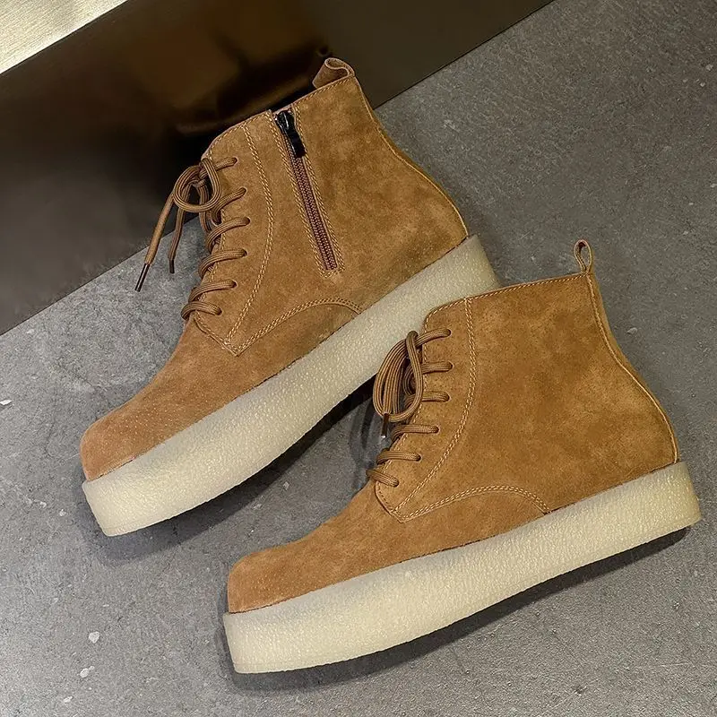 

Thick Soled Height Increasing Work Boots for Men Solid Color Anti Suede Lace Up Short Boots for Youth Daily Outdoor Hiking Shoes