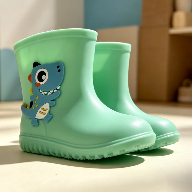 Un par de botas de lluvia con diseño de dinosaurio para niñas, nuevas botas de agua informales de verano, zapatos para niños, botas de lluvia versátiles y modernas de color verde para niñas