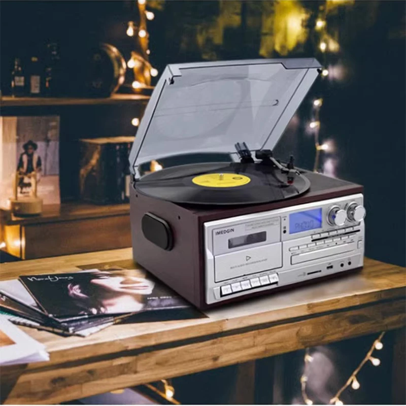 3 Speed Bluetooth-compatible Turntable Vinyl LP Record Player Vintage Gramophone Phono CD&Cassette FM/AM Radio USB REC