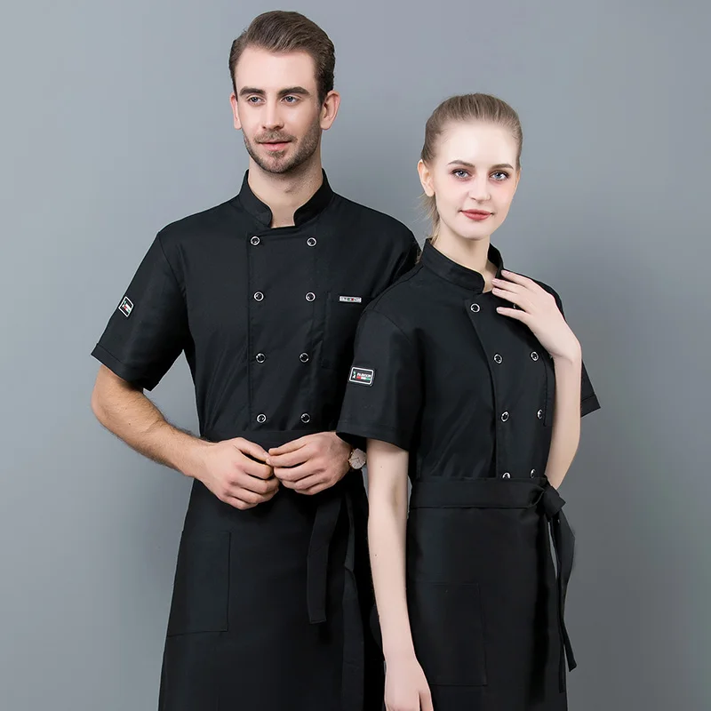 Haut de Chef d'été respirant, 4 couleurs, avec tablier, vêtements de serveur de Restaurant, unisexe, uniforme d'hôtel de boulanger à manches courtes (haut + tablier)