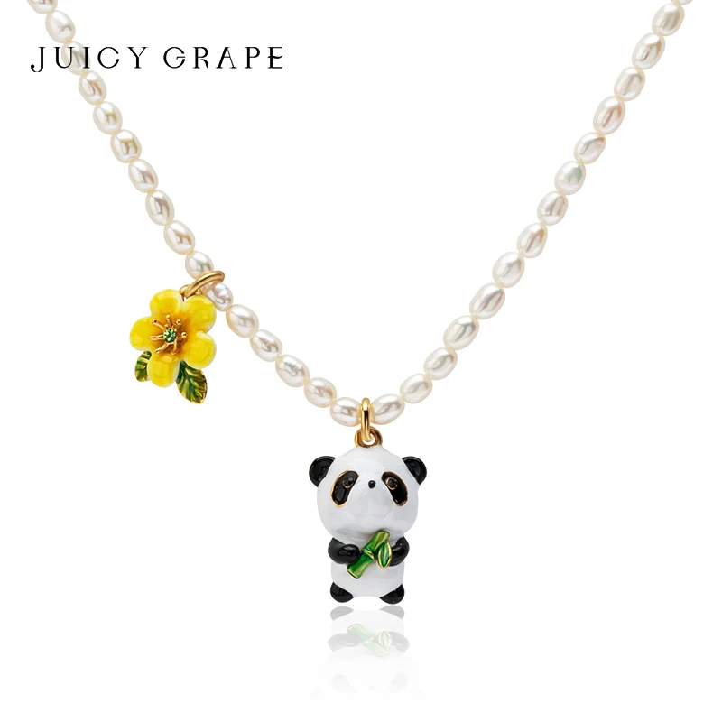 Juicy Grape Enamel Cute Panda Necklace Gold Plated Pearl Chain Floral Bamboo Animal Jewelry Gift for Women