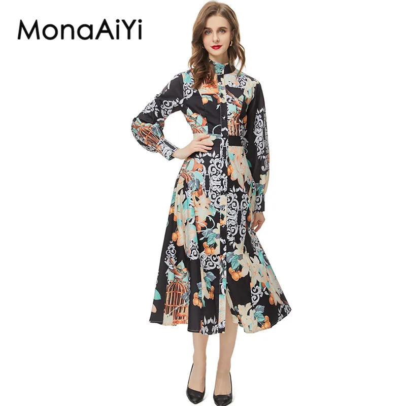 

MonaAiYi New Fashion Runway Designer Women's Retro Stand Up Collar Lantern Long Sleeved Single Breasted Printing Dress