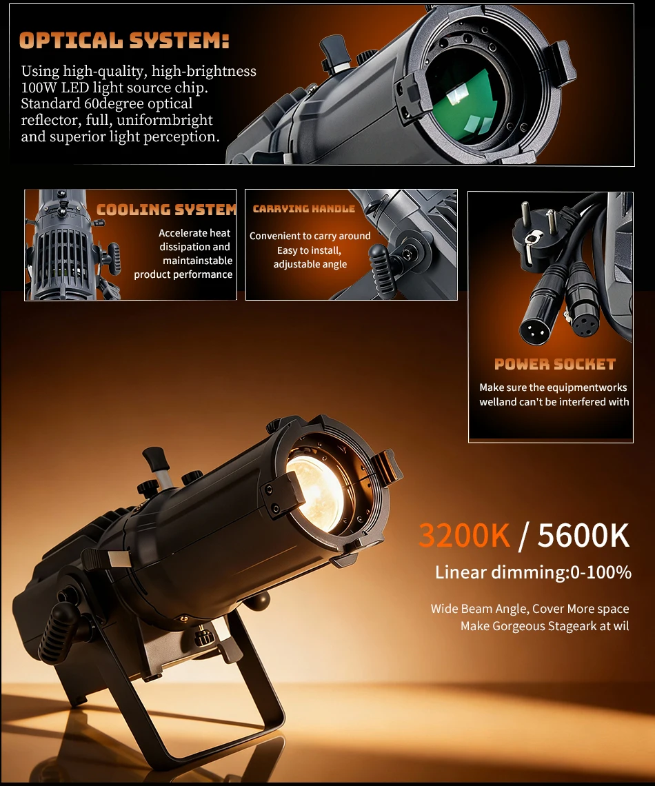 Mini 100W DMX Zoom Profil-Scheinwerfer für Studio, Gobo-Spotlight mit variablem Zoom, Ellipsoidaler DMX LED Leko für Lichtshows, DJ und Clubs – Detail 2