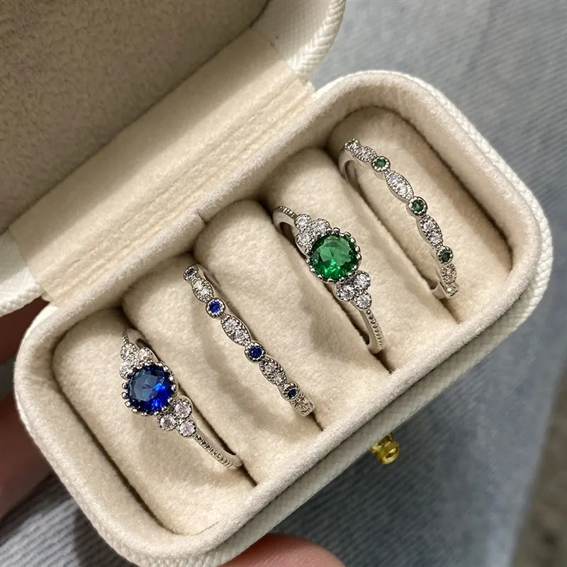 Huitan Sparkly 4Pcs/Set CZ Stackable Rings for Women Blue Green Crystal Statement Rings Set Christmas Party Gifts Accessories
