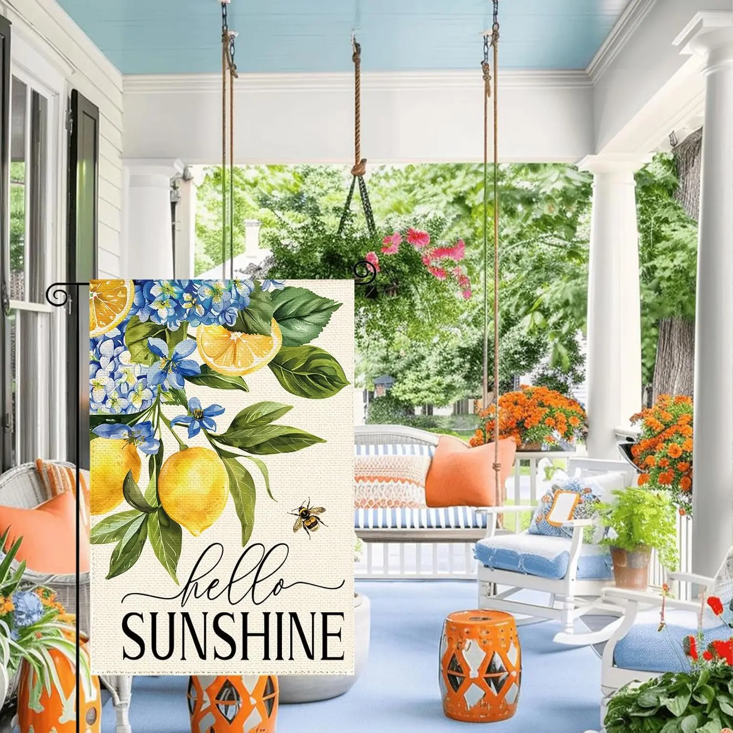 Spring Summer Lemon Hydrangea Welcome Garden Flag 12 x 18 Inch Double Sided, Hello Sunshine Lemon Fruit Floral Farmhouse Bur WWP