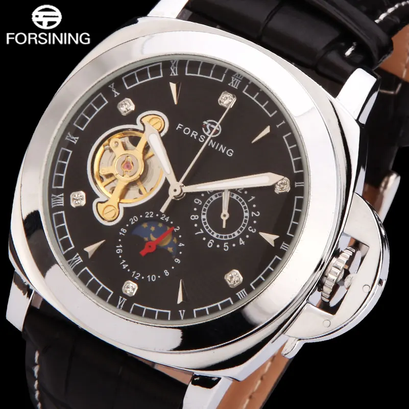 FORSINING Fashion Brand Men\'S Casual Watches Men Leather Band Hand Wind Skeleton Mechanical Wirst Watches Relogio Masculino