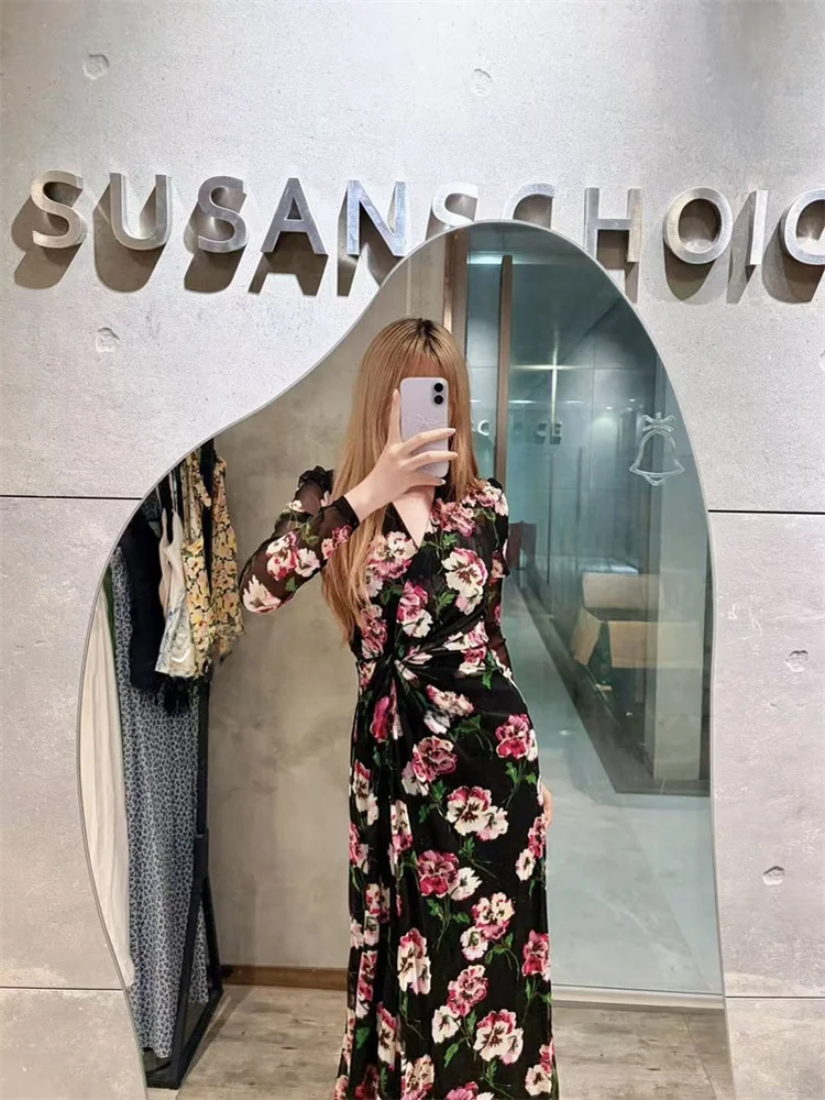 Romantic Floral Double-Sided Tulle Wrap Dr Women's Long Sve Knot Bodice Dr Faionable Ele Casual Sle