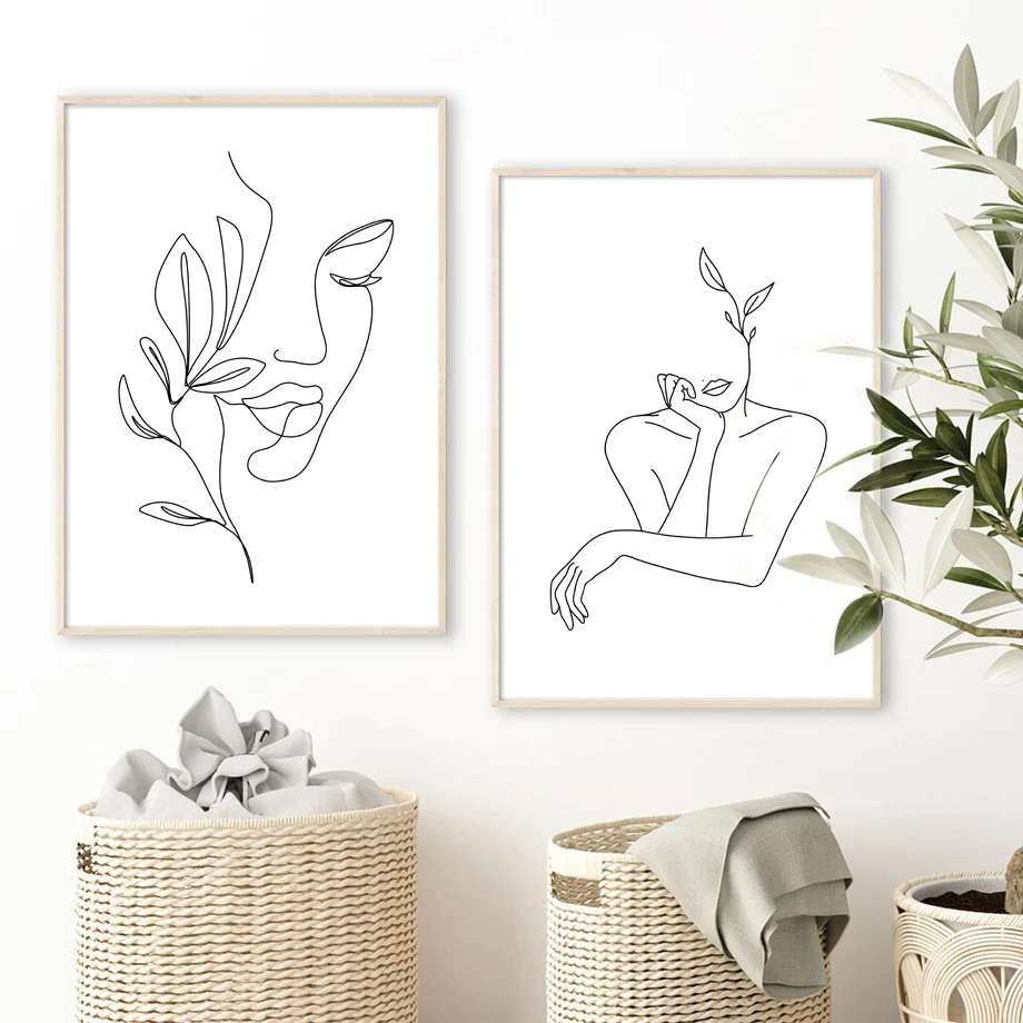 لوحة قماشية مجردة وجه المرأة ، ملصقات خط الأيدي ، فن جدار الحد الأدنى الشمال ، صور لغرفة المعيشة ، ديكور المنزل #4