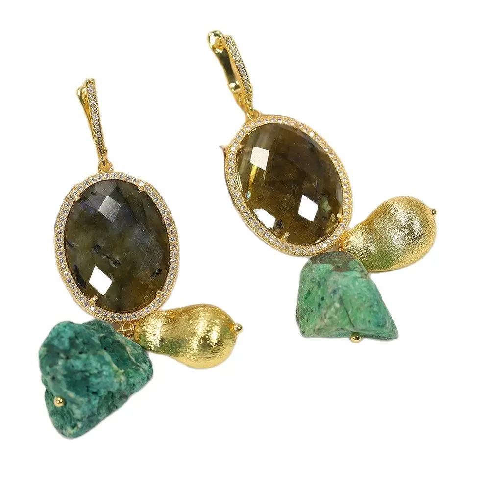 GuaiGuai Jewelry Oval Faceted Labradorite Cz Paved Gold Color Plated Edge Malachite Rough Dangle Hook Earrings Lady Simple Gifts