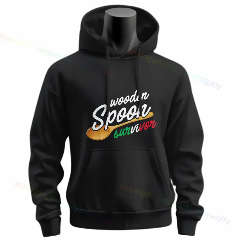 Funny Italian Food Lover Wooden Spoon Survivor Slogan Graphic Hoodie Casual Long Sleeve Sweatshirts Sportswear for Fall & Winter