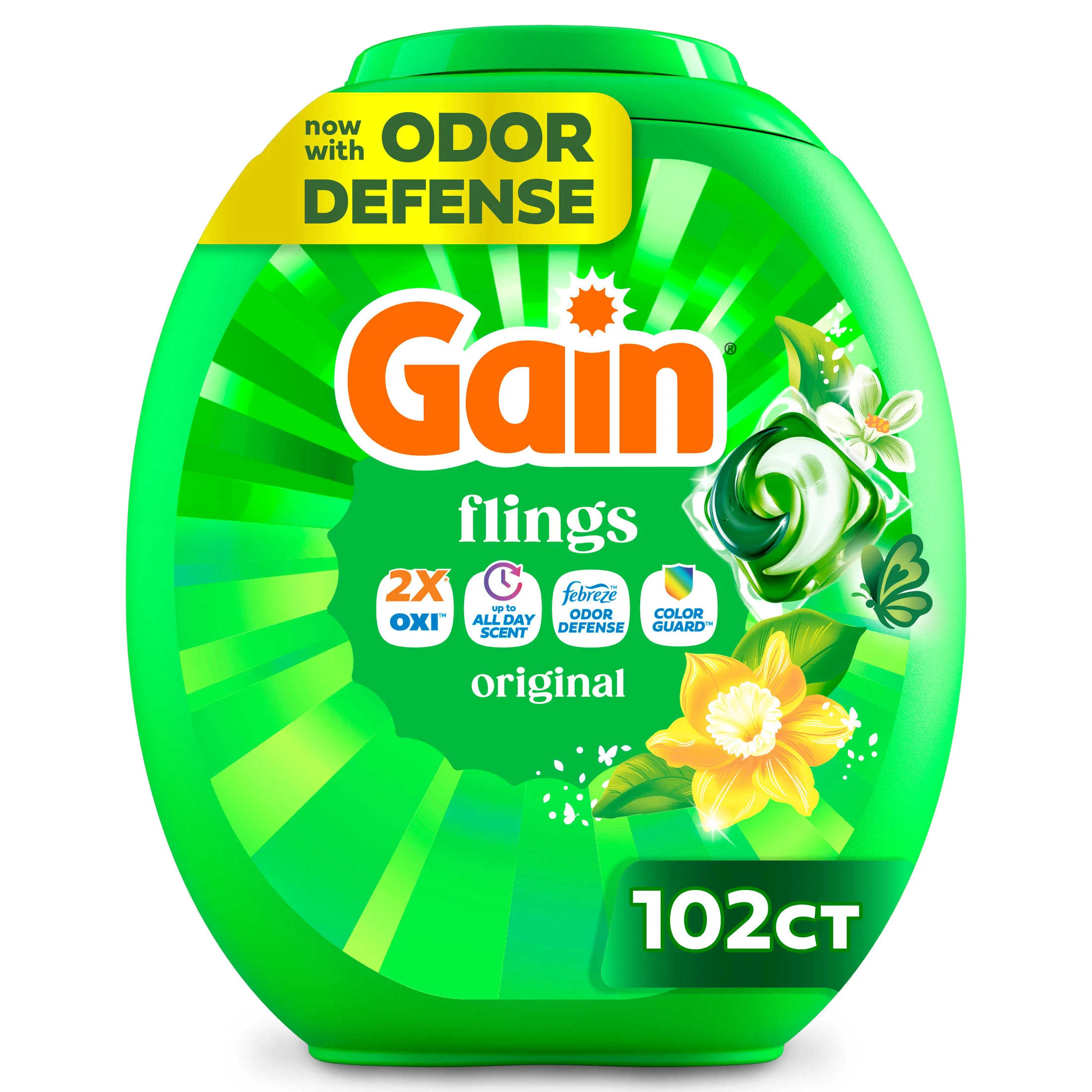 Flings Laundry Detergent Soap Pacs 4-in-1 Oxi Boost Febreze Original Scent 102 Count