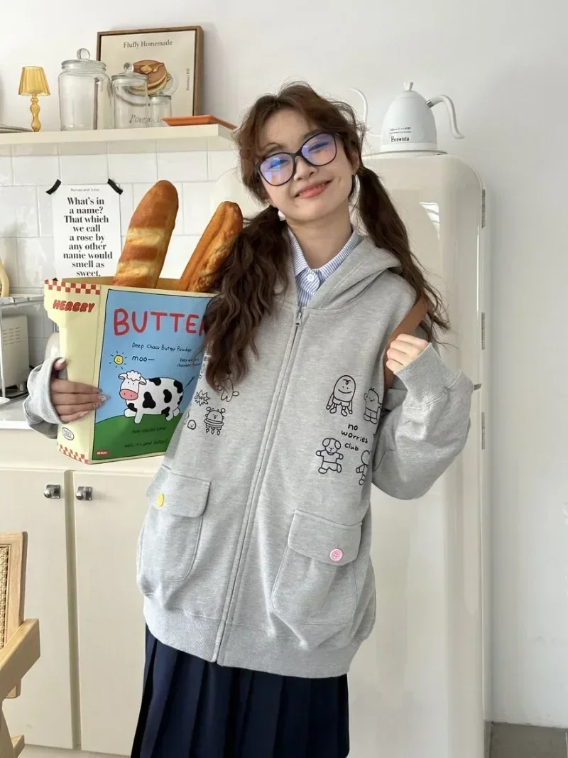 

Japanese Preppy Style Women Loose Hooded Sweatshirts Casual Zipper Coats Y2k Sudaderas Mujer Cartoon Harajuku Print