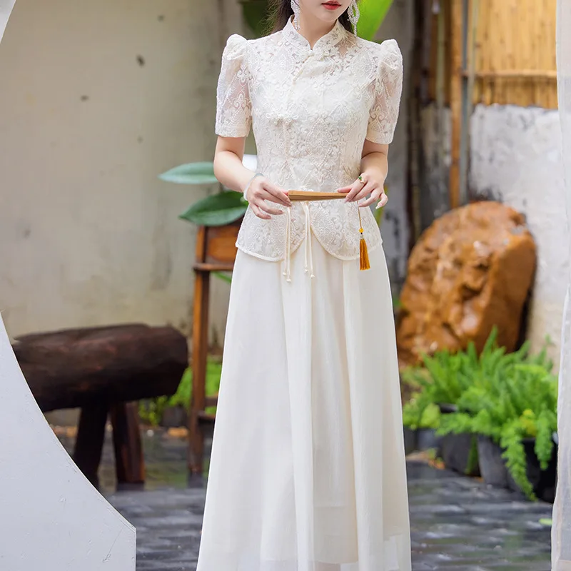 

High-end New Fashion Chinese Style Embroidered Standing Neck Lace Blouse Top + Elegant Lady Dress Two Pieces Set S-XXL