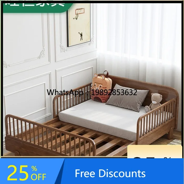 Solid Wood Children's Bed with Guardrail Boys Bedroom Girls Princess Splicing   Stretchable Bed Baby
