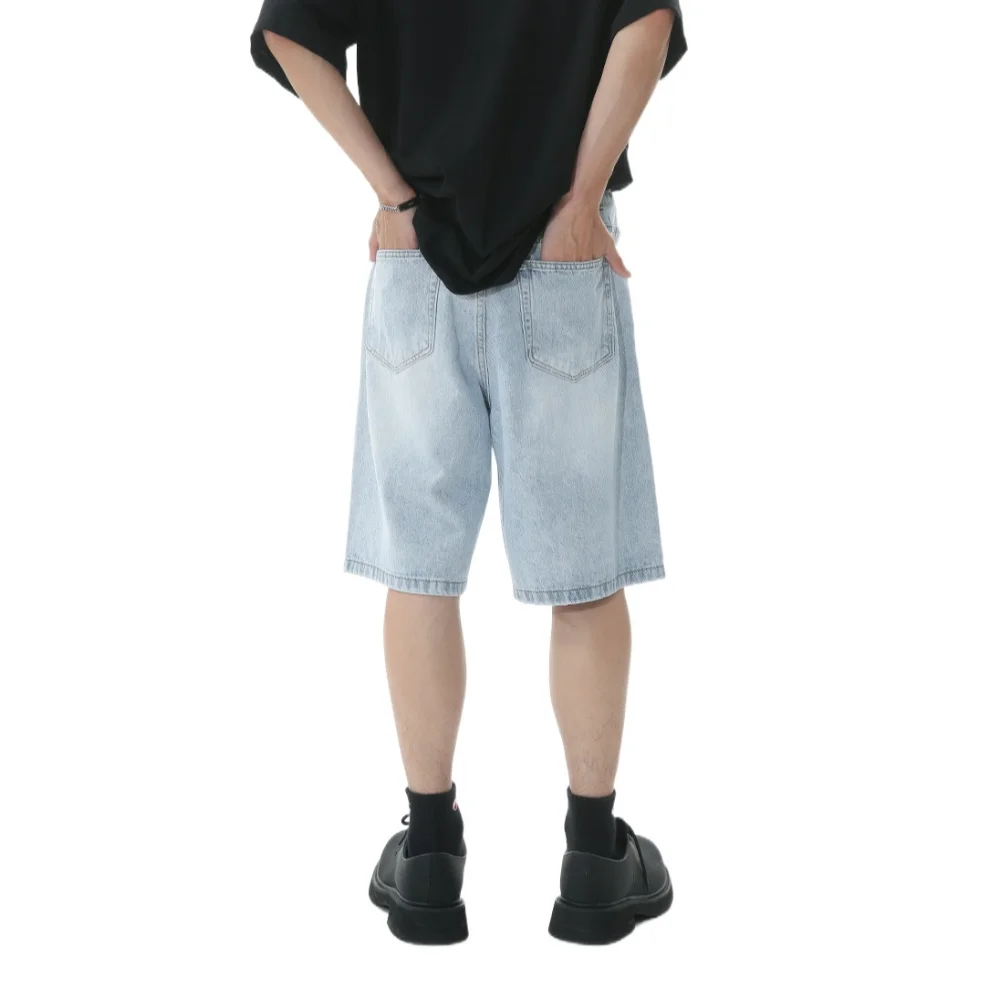 Retro Ins Denim Shorts Men High Waist Trousers Baggy Short Jeans Loose Streetwear Denim Knee Length Pants Summer