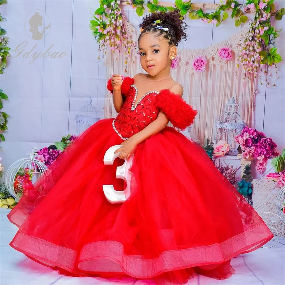 Vestidos de niña de flores Rojo Cumpleaños para niños Cuello transparente Volantes plisados Vestidos de fiesta de tul con gradas para boda