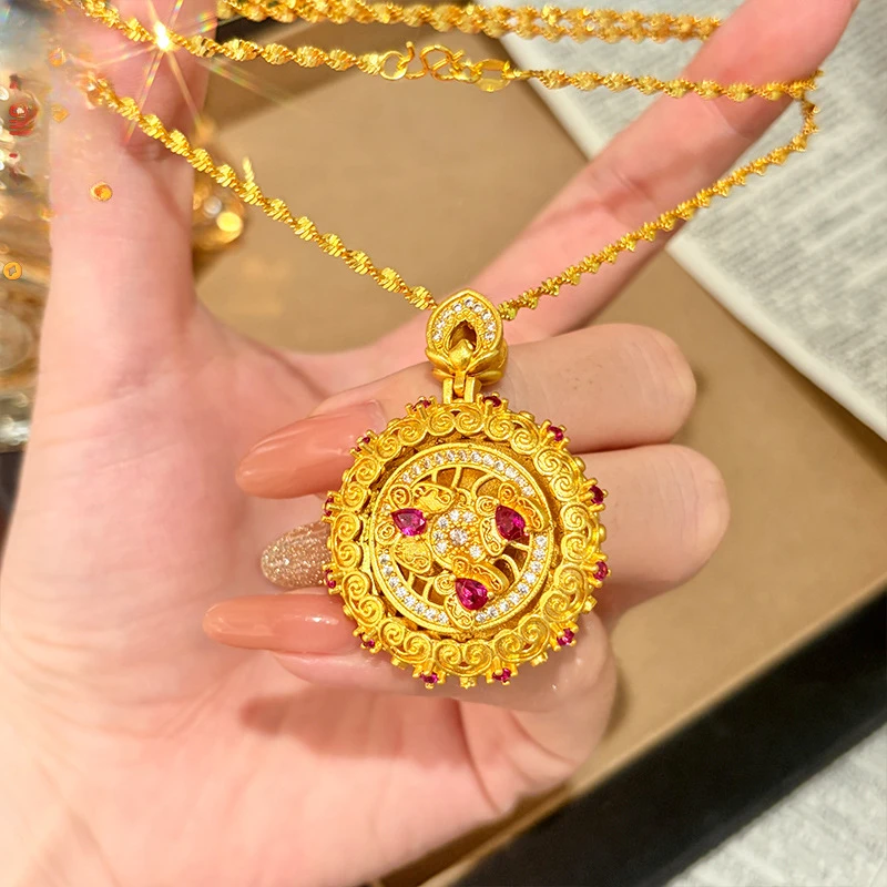 Luxury 100% 24K Gold New Chinese Style Xiangyun Diamond Rotating Butterfly Pendant Chain
