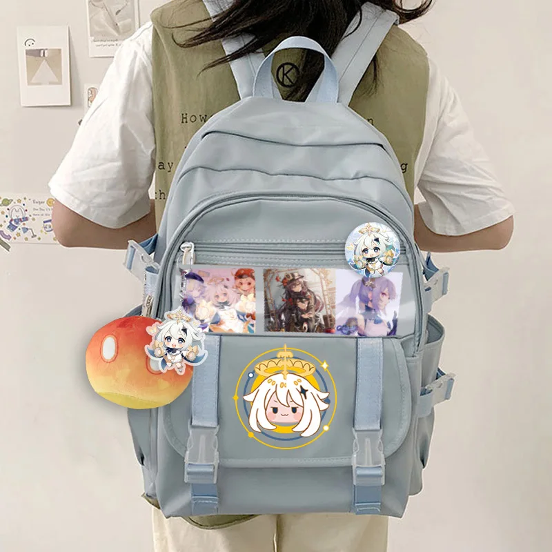 Genshin Impact Paimon Klee Barbatos Hutao Cosplay studenti borsa da scuola zaino da cartone animato grande capacità con Badge carta regalo in peluche