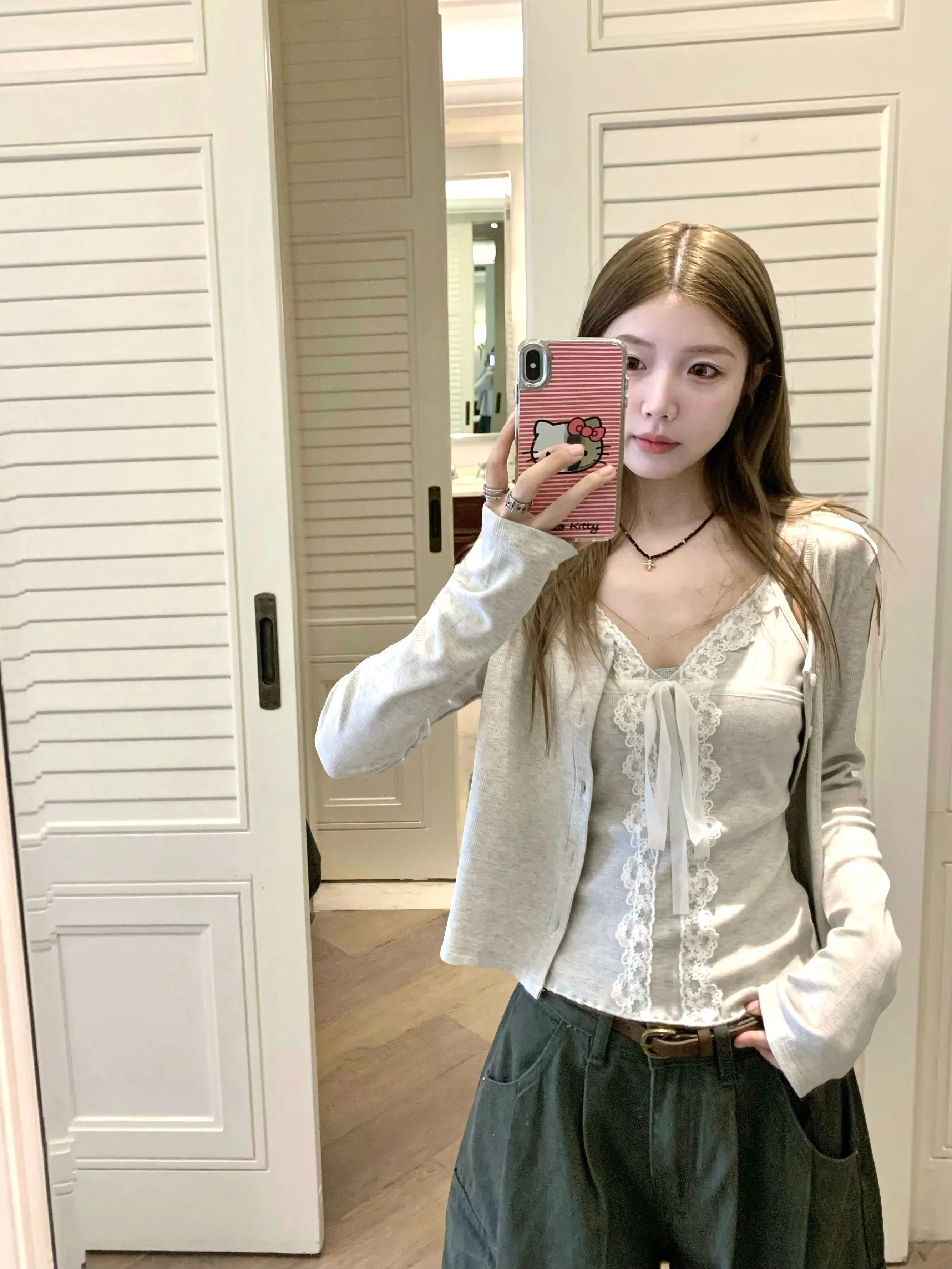 Gray Lace Splice Long Sleeve Wrap Cardigan Two-Piece Set Women's Spring Summer Sweet Korean Style Layered Vest Top