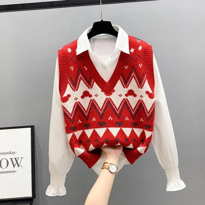 Autumn Winter Casual V Neck Pullover Top Female Women\'s Kawaii Y2K Vintage Argyle Sleeveless Outwear Knitted Sweater Vest Jumper