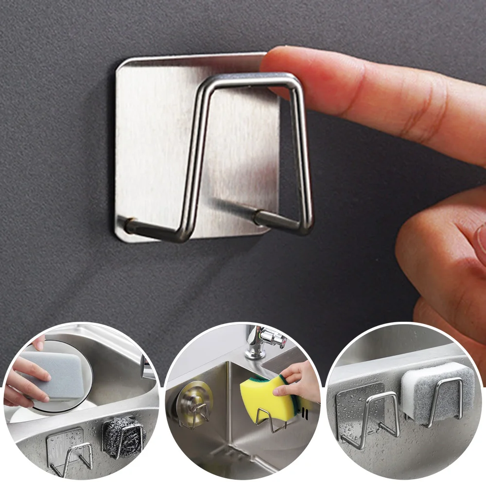 

1pc Kitchen Sink Sponge Holder Stainless Steel Self Adhesive Drain Drying Rack Wall Hooks Storage Organizer Home Accessories