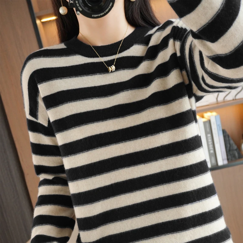 Women Merino Wool Sweater, Round Neck, Strip Pullover, Color Matching, Casual Knitted, Bottoming Tops, Spring, Autumn, New Soft