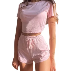 Camiseta corta de manga corta para mujer, traje deportivo de ocio de algodón a la moda, color rosa