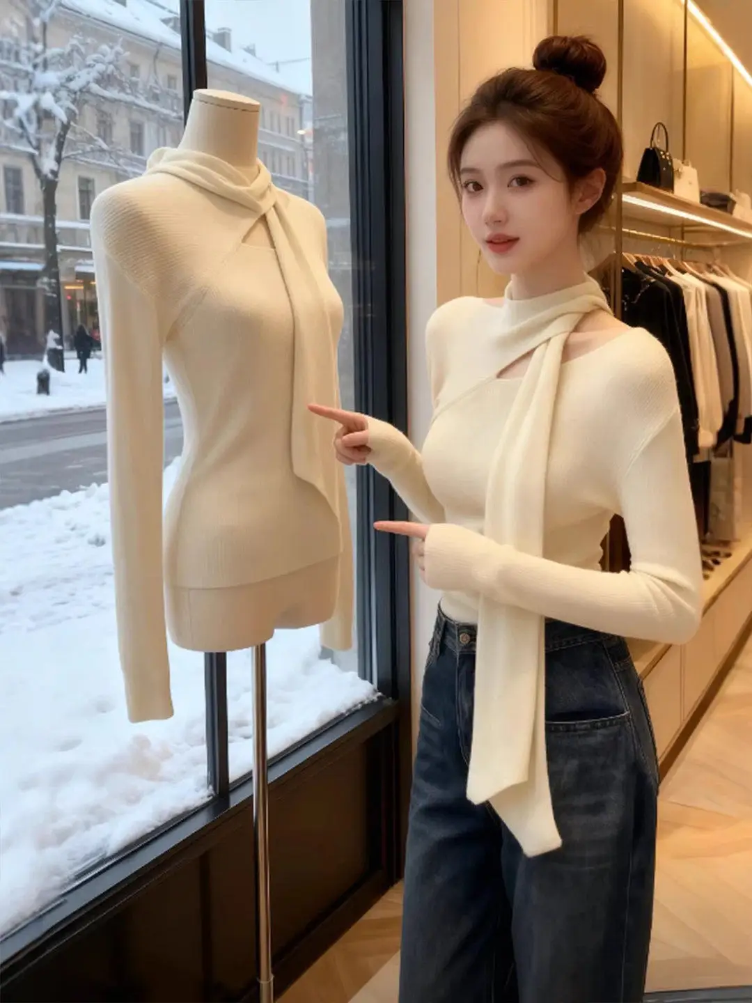 

Women's Soft Sle Knitted Top Belted Ne Hanging Saes Long Sve Casual Inner Wear Base irt Autumn Winter Faionable