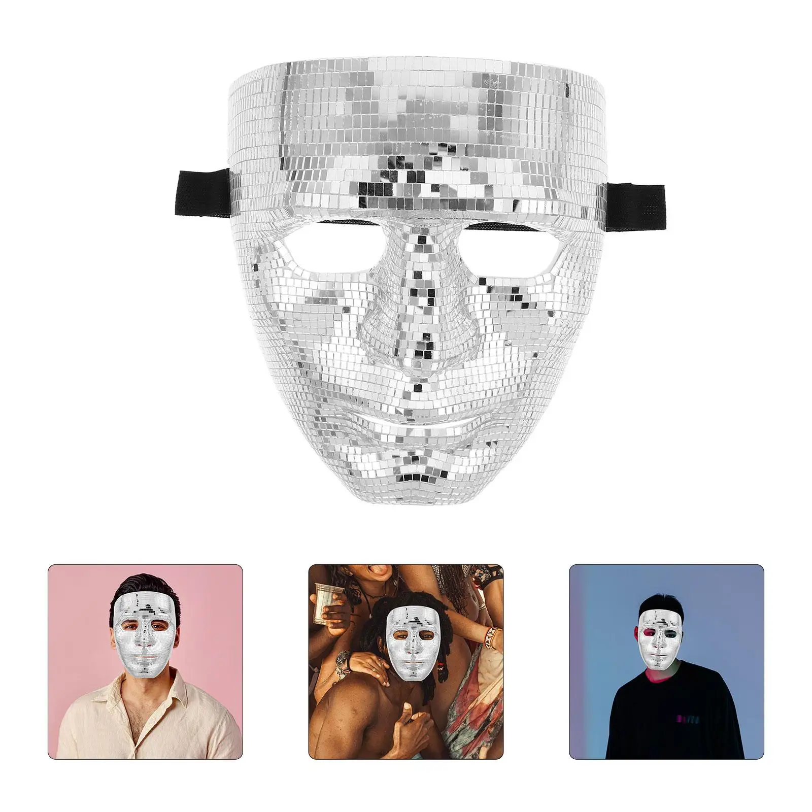 Flash Disco Mirror Face Mask Silver Glitter Ball Blindfold Masquerade Costume Party Full Cover Lightweight Adjustable Strap