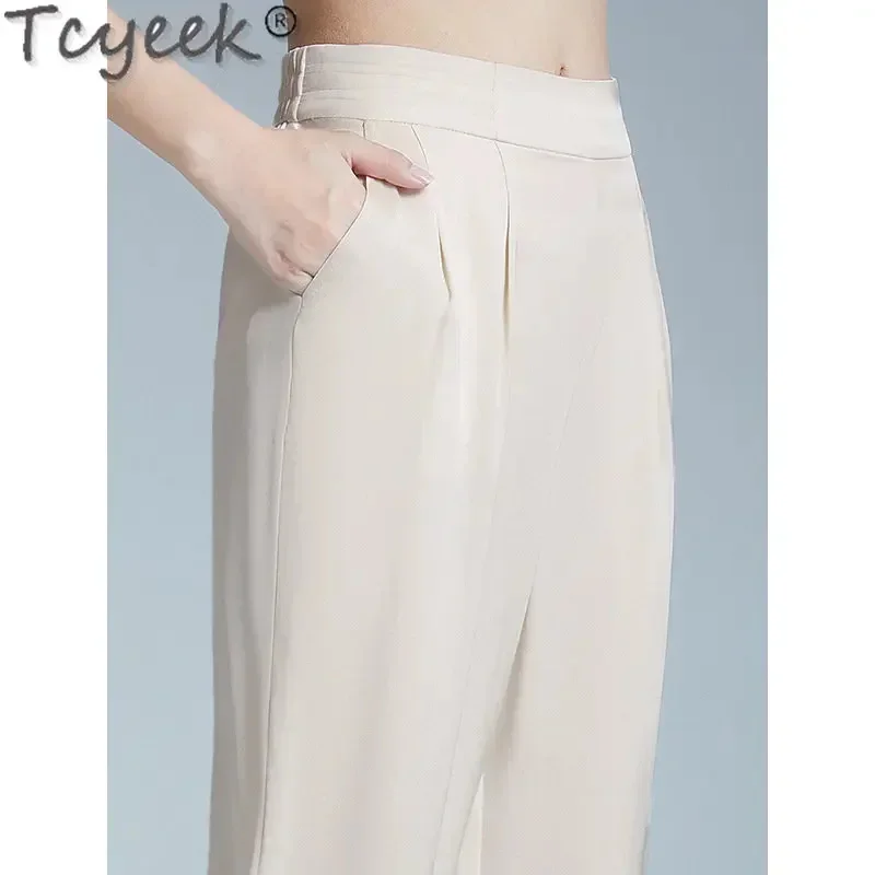 

Fashion Tcyeek Ankle-length Trousers Female Middle-waisted 2024 Summer 95% Mulberry Silk Thin Pants Women Clothes Pantalon