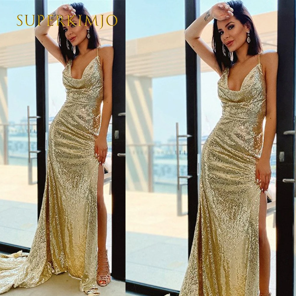 

SuperKimJo Gold Sparkly Evening Dresses Spaghetti Strap Sexy Formal Party Dresses Vestidos De Mujer Elegantes Para Fiesta