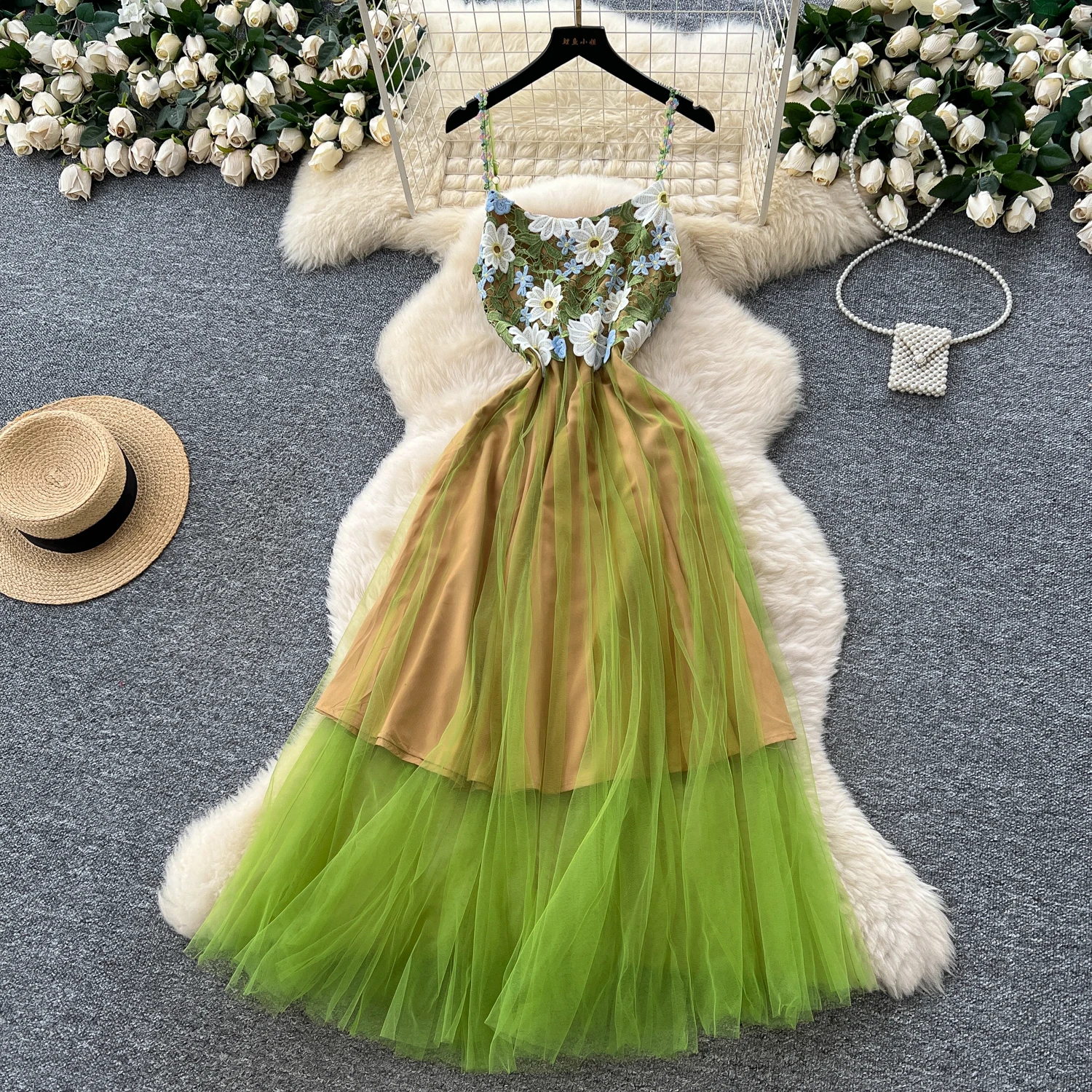 Chic vintage Sexy sleeveless lace mesh off shoulder Elegant Fairy korean fashion Boho Sundress women clothing