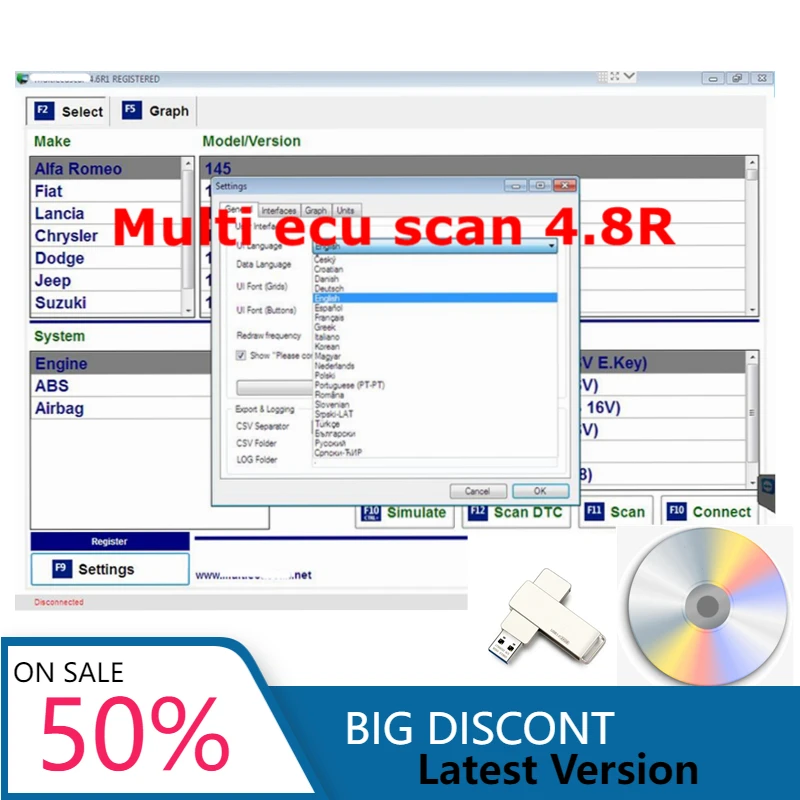 Multi ecu scan 4.8 Latest Version for Fiat Connector Auto Repair software Work With ELM327 Mult/iEcu/Scan Registered Unlimited