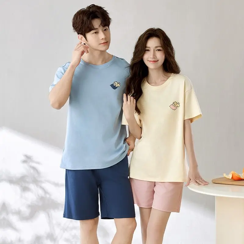 2026 Summer Couple Short Sleeve 100% Cotton Shorts Pajama Sets for Men Korean Loose Sleepwear Pyjama Women Homewear Home Clothes