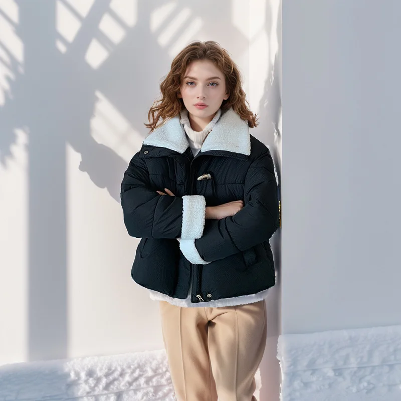 KIDCRKJ 2025 Winter Women's Padded Jacket Female Woole Collar Lapel Casual Short Cotton Jacket Casual Contrast Lady Parka Coats