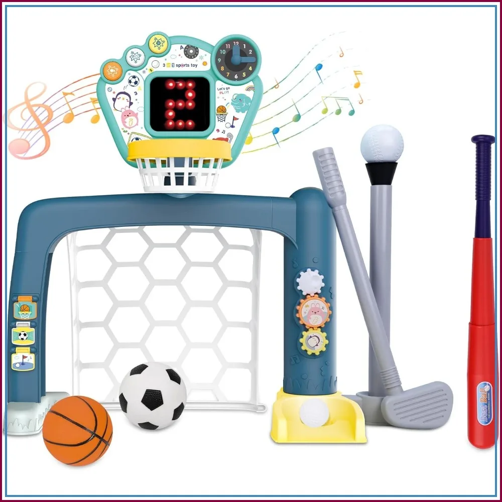 

4 in 1 Adjustable Basketball Hoop Soccer Goal for Toddlers, Kids Sports Toys with Golf Baseball, LED Scoreboard, Music & Educational Games, Indoor Outdoor Activity Center Age 18+ Months