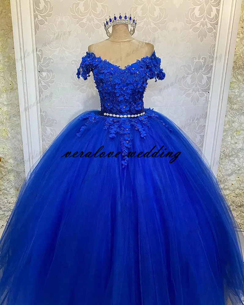 Royal Blue Quinceanera Prom Dresses Off Shoulder Sequins Ball Gown Tulle Party Sweet 15 16 Dress Quinceañera Anos Customized