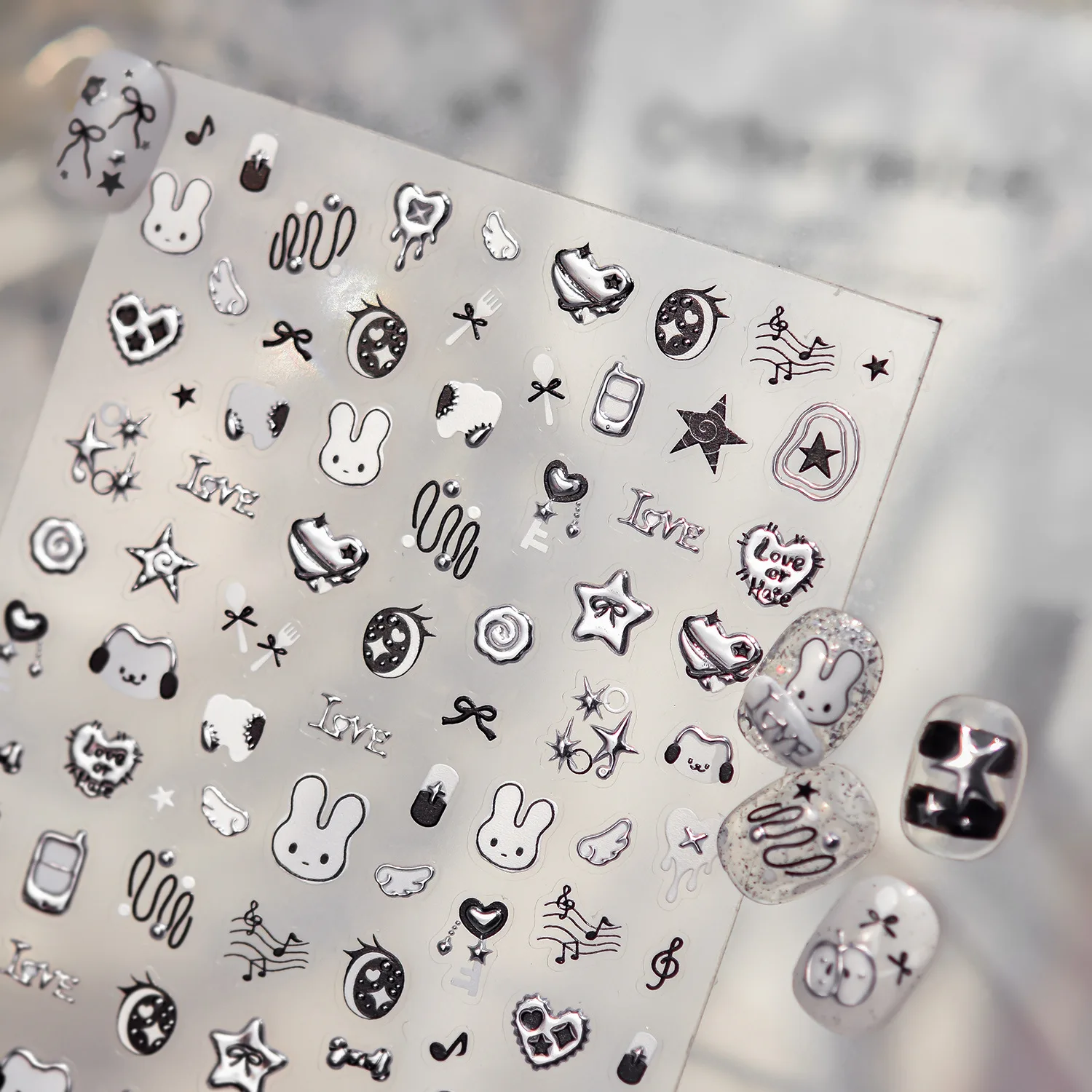 5D Minimalist Line Nail Stickers Black Silver Contrast Color Rabbit Heart Music Note Star Fork Donut Cat Nail Art Decals Y2K